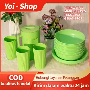 Yoi - (16 Pcs)  Set Piring, Mangkuk, Teko, dan Gelas / Cocok untuk Acara Makan Bulat yang Spesial / Piring 6 Mangkuk 6 Teko 1 Gelas 3Set Piring / Mangkuk, Teko, dan Gelas Plastik Sayur Kitchenware