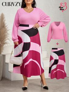 CURVZY Plus Size Two-Piece Set Sweater & Abstract Print Skirt, Elegant Fashion Casual V Neck Long Sleeve Jumper & Skirt for Daily Outdoor Wear, Women's Clothing for Fall