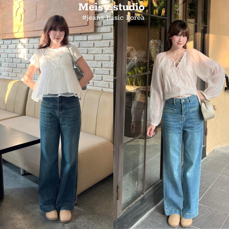  Quần Jeans Meisy ống suông hơi loe nhẹ form mềm túi cơi gấu 4cm phong cách basic Hàn Quốc OLTCOI 