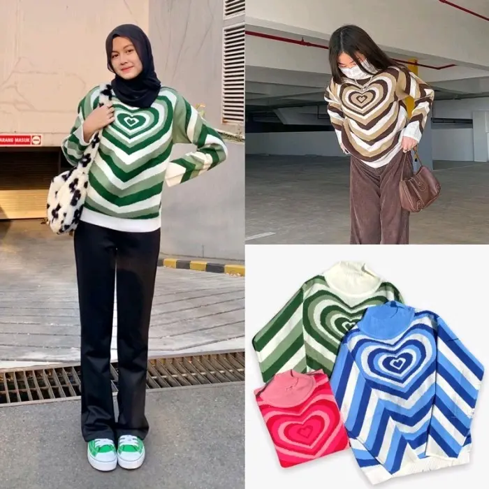 Sweater Big Love Heart Knit Premium Knitwear Atasan Wanita Motif Cantik Santai 1