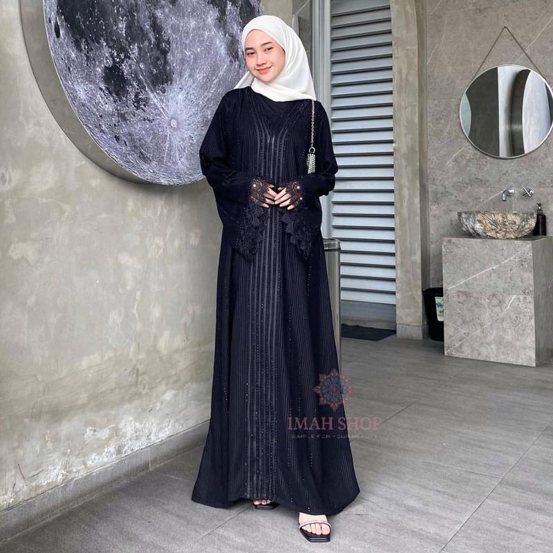 Abaya Hitam Turkey Gamis Syari Muslimah Embos Hitam Kombinasi Renda Dress Arab Saudi Mata Hitam 951 4