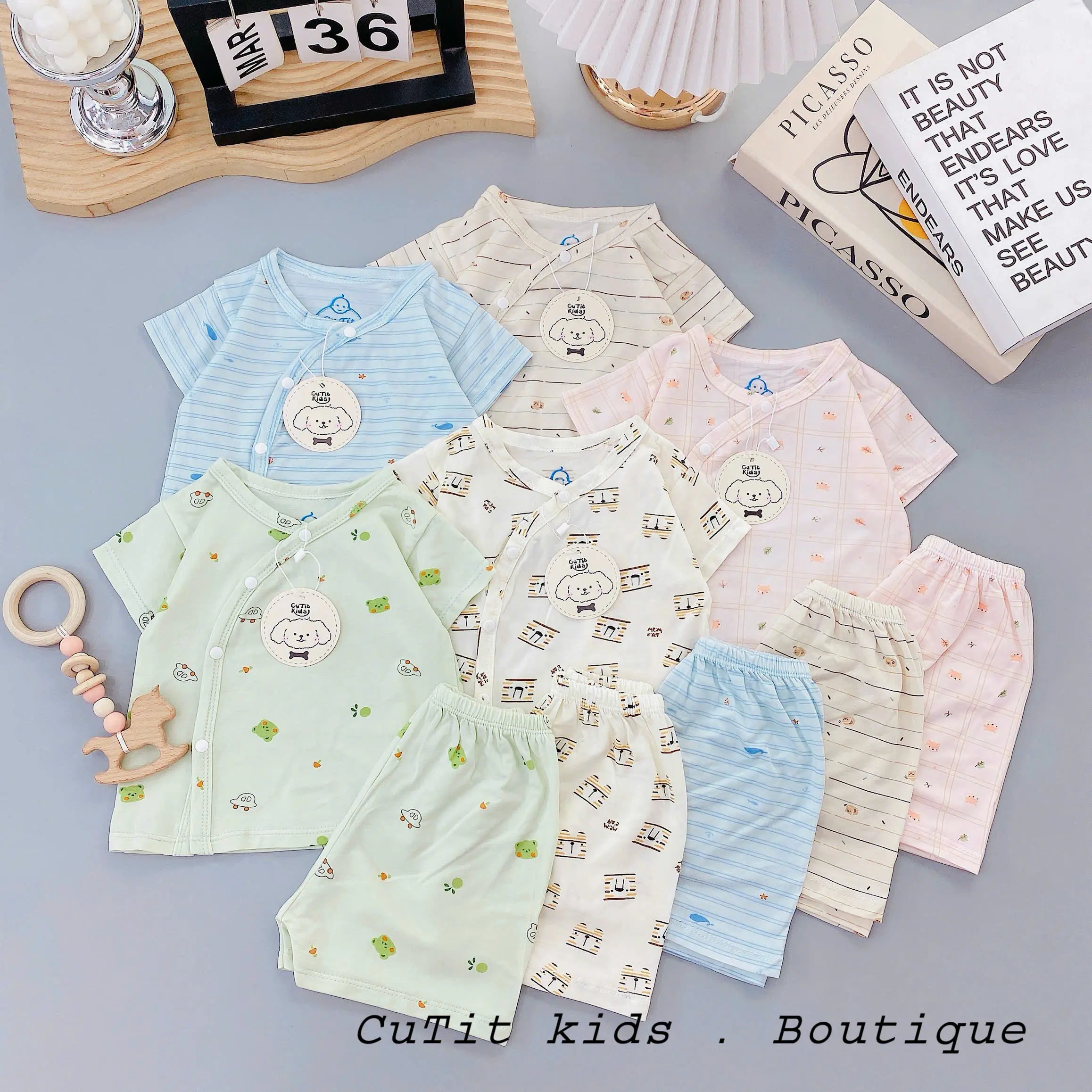 Combo 3 bộ sơ sinh màu sắc tông nhạt Hàn Quốc dễ thương cho bé, chất liệu Pettit mềm mại, thấm hút tốt, an toàn với làn da của bé
