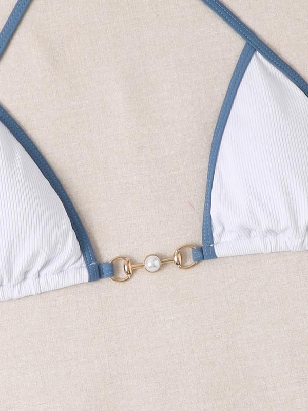 Women's Contrast Binding Faux Pearls Decor Ring Linked Design Sexy Skinny Bikini Set, 2024 Fashionable Summer New Halter Neck Triangle Swim Top & Swim Thong for Beach, Women's Swimwear for All Seasons 2