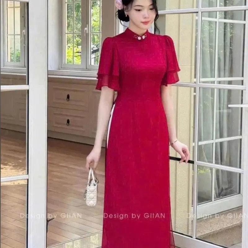 Áo dài lụa đỏ phối tay tơ 2 lớp cổ đính ngọc phù hợp đi tiệc,đi chơi