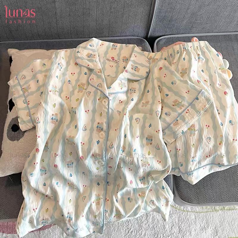 Bộ Đồ Ngủ Cotton Cho Nữ, Thiết Kế Đám Mây, Thích Hợp Cho Mùa Hè, Với Gấu Hoa Anh Đào, ngắn Tay, Phong Cách Người Nổi Tiếng Trên Internet, Dễ Thương Và Ngọt Ngào, Có Sẵn Trực Tiếp, Thích Hợp Cho Trang Phục Đi Ngủ Của Học Sinh 0