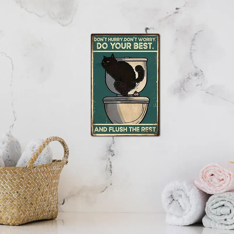 Inspirational Quotes Metal Sign, 1 Count Funny Cat Metal Wall Art Poster Plaque for Toilet Bathroom Home Decor 3