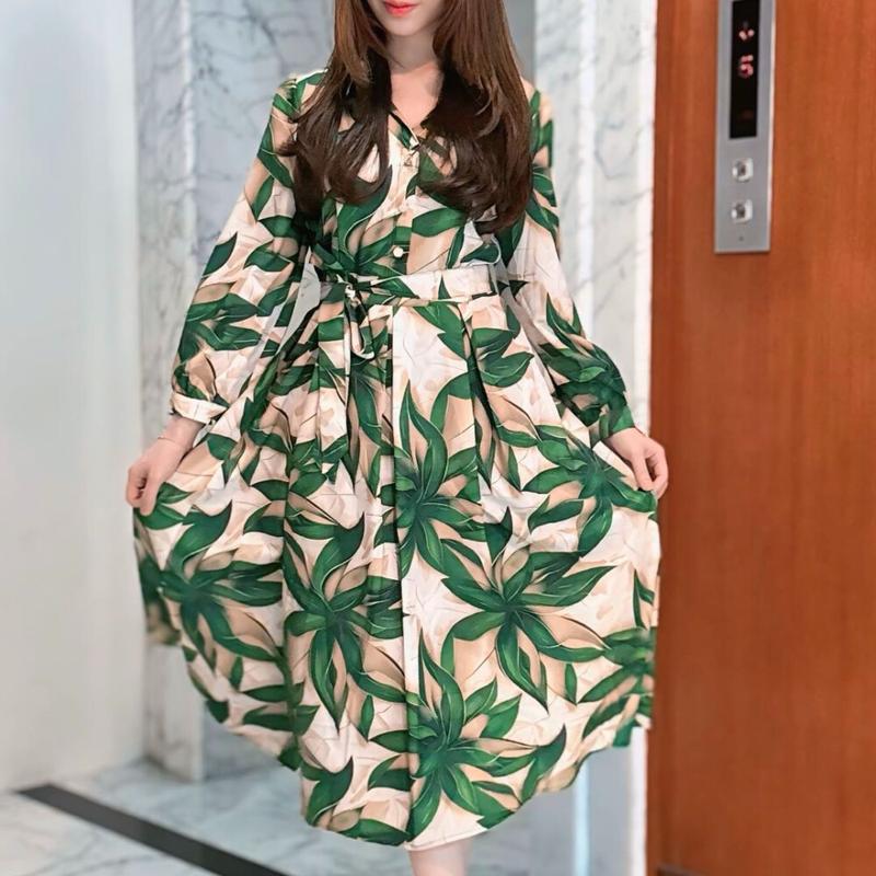 Product Introduction of [Ready Stock] FADFAD Gaun Rok Panjang Sedang Lengan Panjang Bermotif Cantik Gaya Modis 3