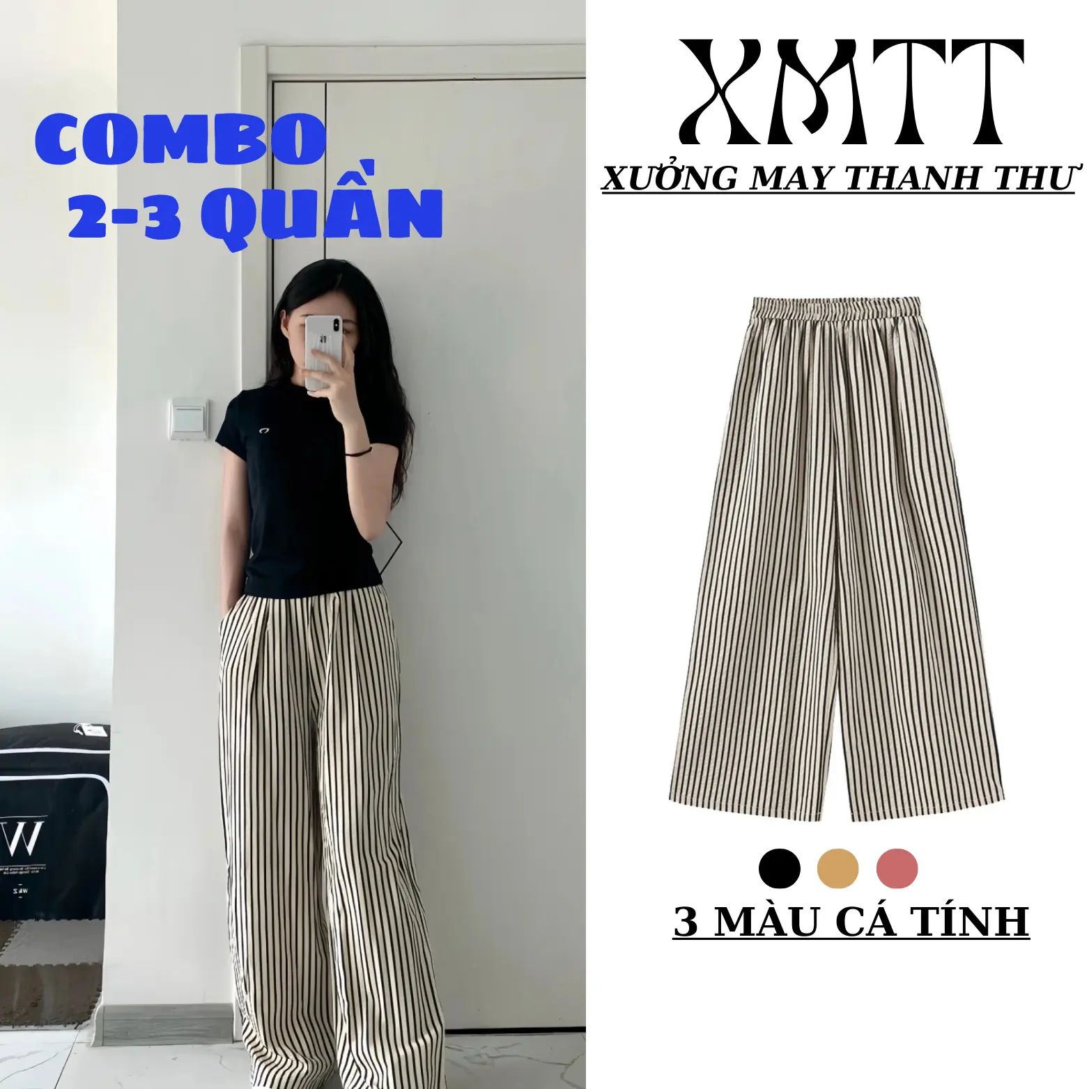 COMBO 2-3 quần kẻ sọc nữ dáng suông ống rộng basic chất thô nhăn có dây rút eo quần  vải  đũi  ống  suông