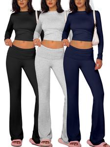 Women's Solid Long Sleeve Short Tee & Flare Leg Pants Set, Casual Round Neck Top & Bell Bottom Trousers for Daily Wear, Ladies Clothes for All Seasons