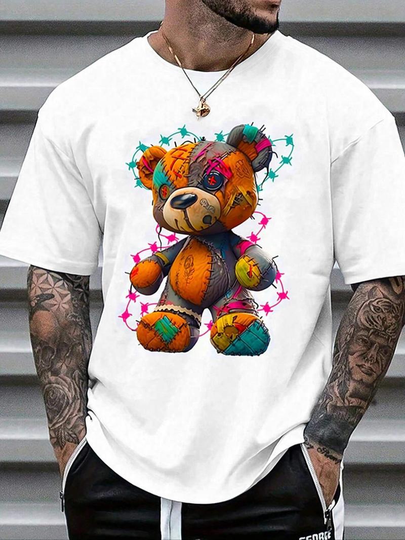 Product Introduction of Men's Cartoon Bear Print Round Neck Graphic Tee, Loose Casual Short Sleeve T-shirt for Summer, Men's Top for Daily Wear 1