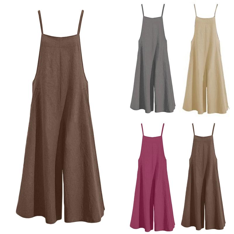 Women Jumpsuit Solid Color Wide Leg Summer Shoulder Strap Side Pockets Romper for Daily Wear 0