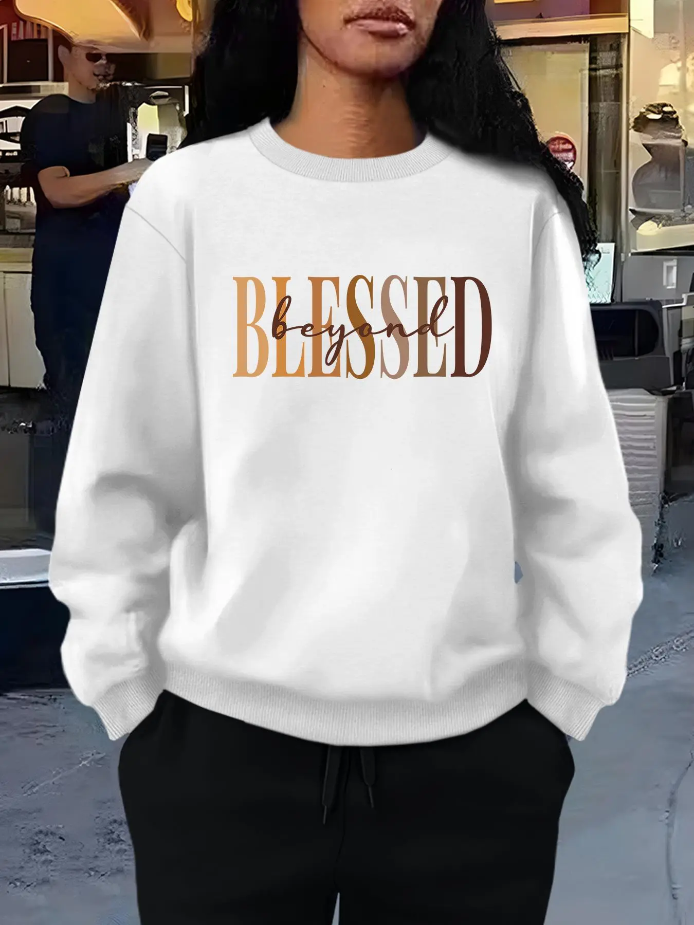 Women's Letter Print Drop Shoulder Sweatshirt, Casual Long Sleeve Round Neck Pullover for Fall & Winter, Ladies Clothes for Daily Wear