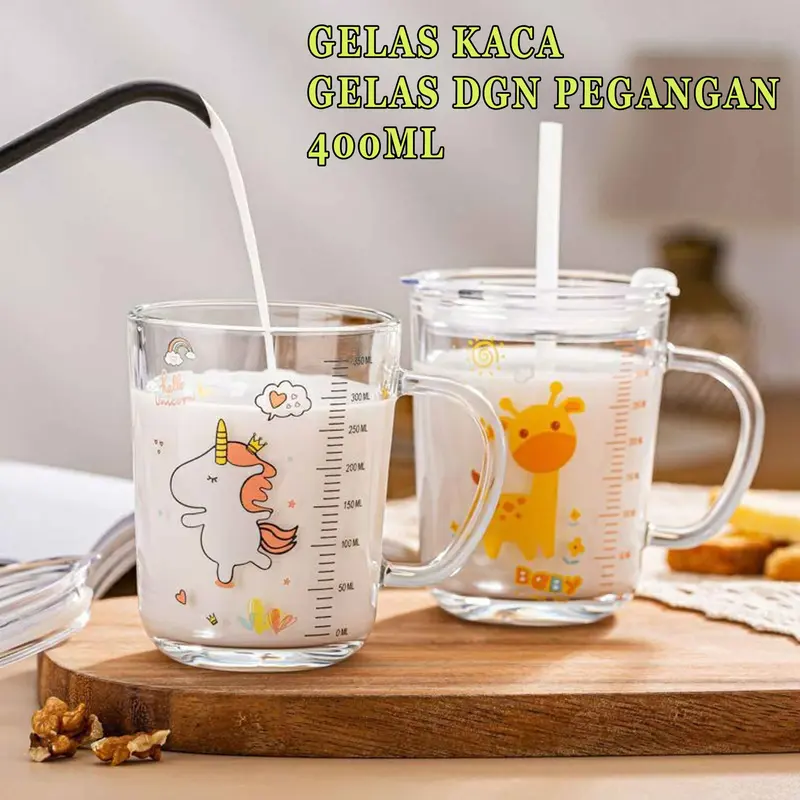Gelas Kaca / Gelas Minum Kaca Karakter / Gelas Kaca & Gagang Silikon / Minuman 400ml 0