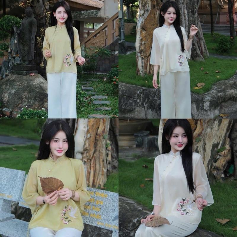Bộ lam tơ dây eo thêu hạc ánh kim quần suông Nữ 0