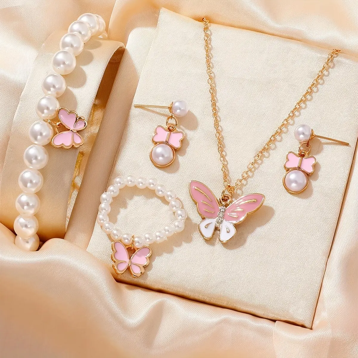 1set Cute Pearl Butterfly Trendy Necklace Earrings Pearl Bracelet Ring Set For Girls