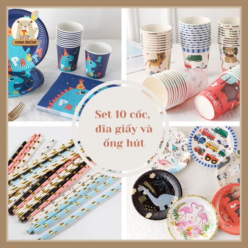 Set 10 cốc, đĩa giấy, Thìa và ống hút trang trí bàn tiệc sinh nhật