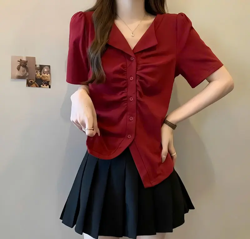 [Lazy có bigsize] Áo Thun Kiểu Cổ V Tay Ngắn Thiết Kế Che Khuyết Điểm Cho Nàng Chubby-Nữ Top Women Shirt Sơ Mi Voan Voi 4