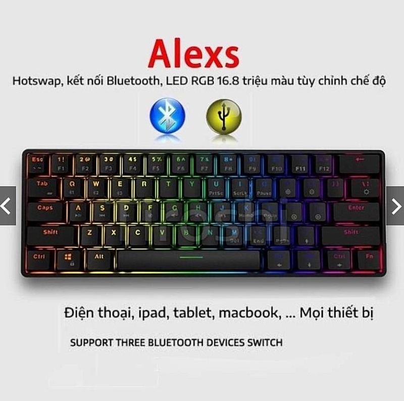 [Hotswap, Bluetooth, Brown Switch] Bàn phím cơ A61 tặng 4 switch, led RGB không dây dùng Mac, laptop, Ipad, mobile
