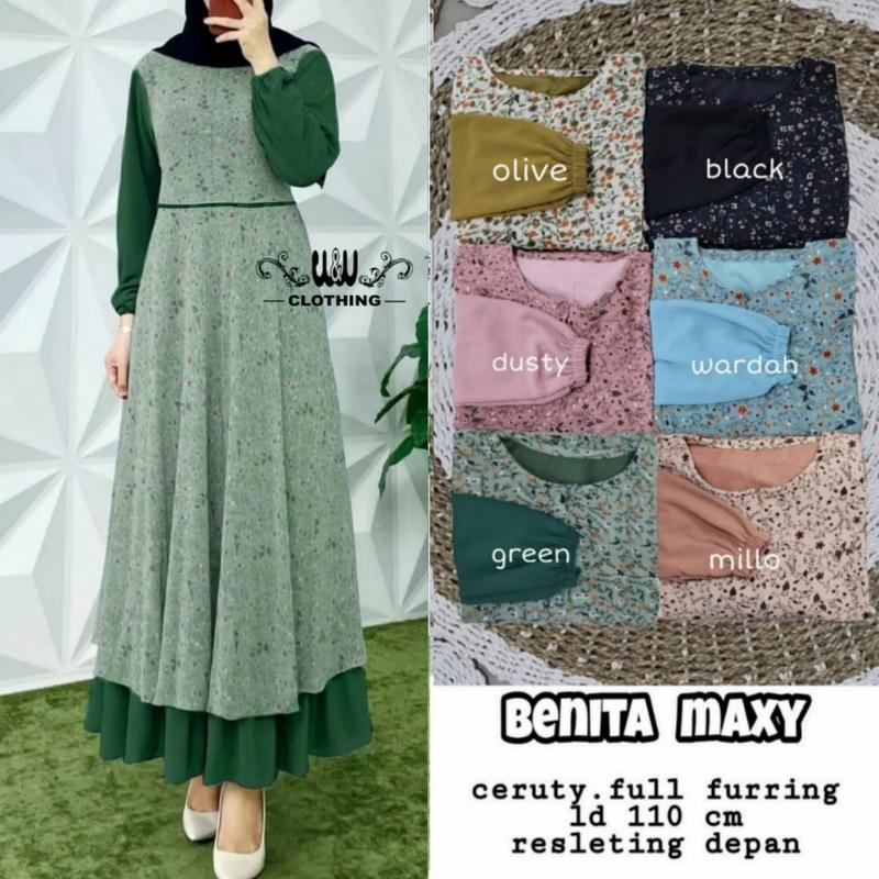 Product Introduction of Benita Maxy Dress Busui Resleting Depan Gamis Ceruty Full Furing  Gamis Kondangan Penikahan Motif Bunga Mewah Elegan Best Seller 18