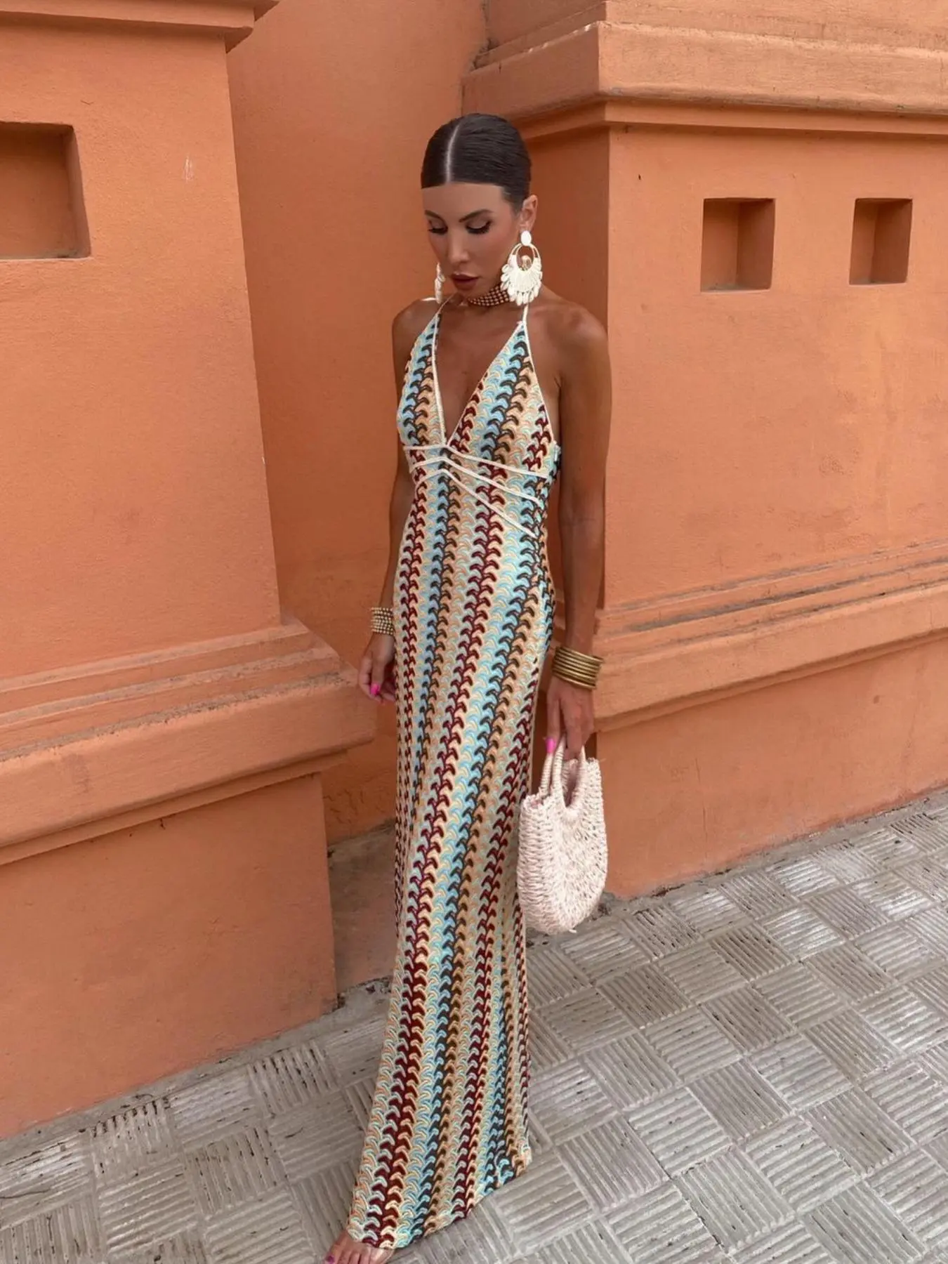 Women's All Over Geometric Print Halter Neck Cover Up Dress, Casual Sleeveless Long Dress for Beach Holiday Vacation, Ladies Clothes for Summer