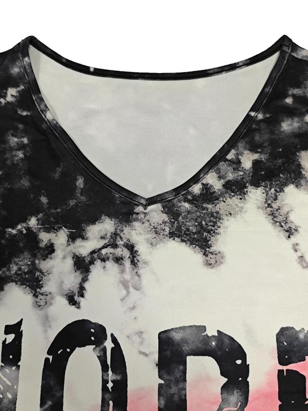 Plus Size Tie Dye & Letter Print V Neck Tee, Casual Short Sleeve T-Shirt for Summer, Women's Plus Clothing for Daily Wear 2