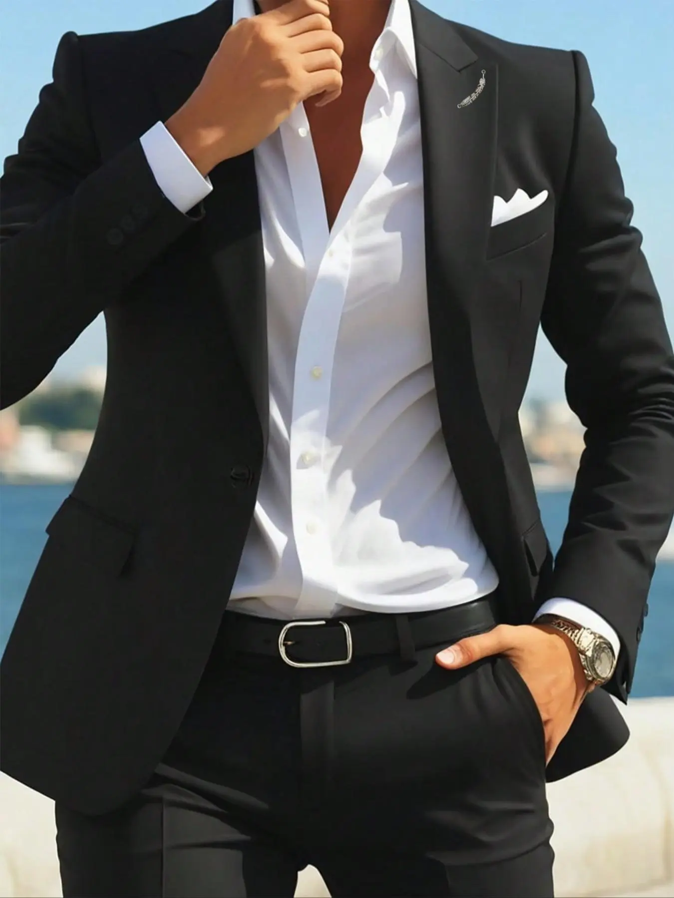 Men's Solid Color Business Suit Jacket, Slim Fit Long Sleeve Lapel Neckline Blazer for Work Office, Fashion Men's Clothing for Summer