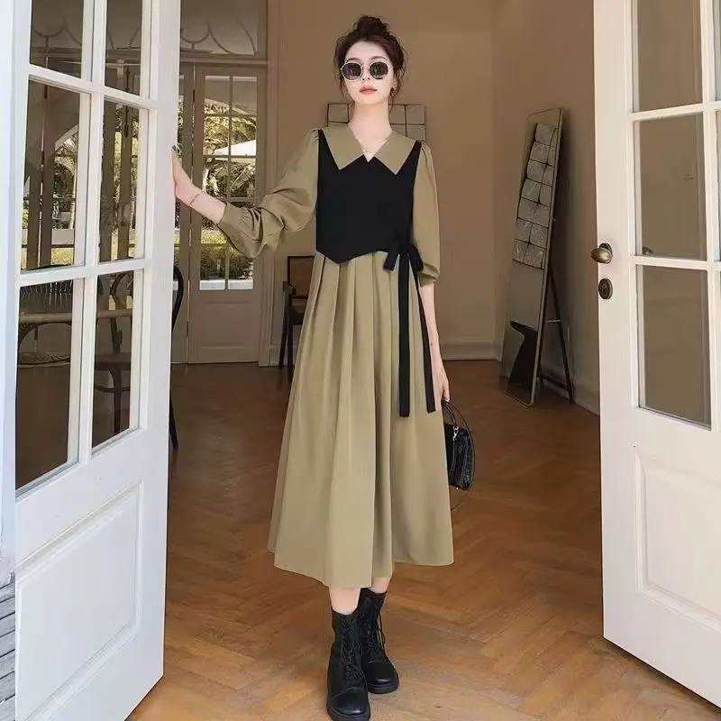 French Retro Long Sleeve Fake Two-Piece Dress for Women 2025 Spring New British Style Slimming Hepburn Style Tea Break Long