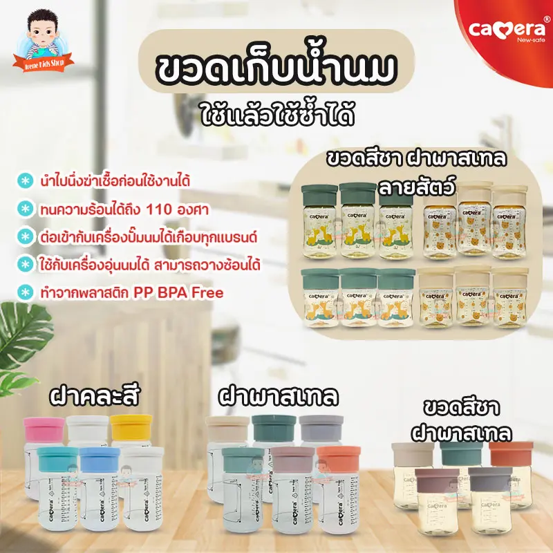 ขวดเก็บน้ำนม ขวดคอกว้าง Camera สามารถต่อเข้ากับข้อต่อกรวยปั๊มนมแบบคอกว้างได้