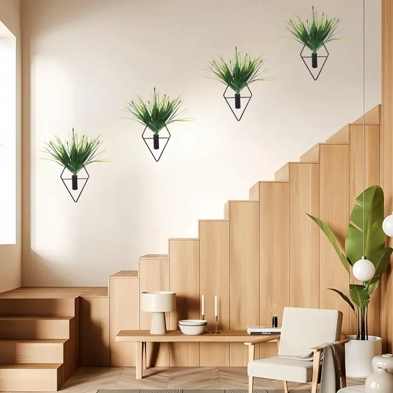 Metal Wall Hanging Decor, 1 Pair Geometric Design Wall Hanging Plant Holder with Artificial Plant, Modern Wall Art for Home Bedroom Living Room Office 5