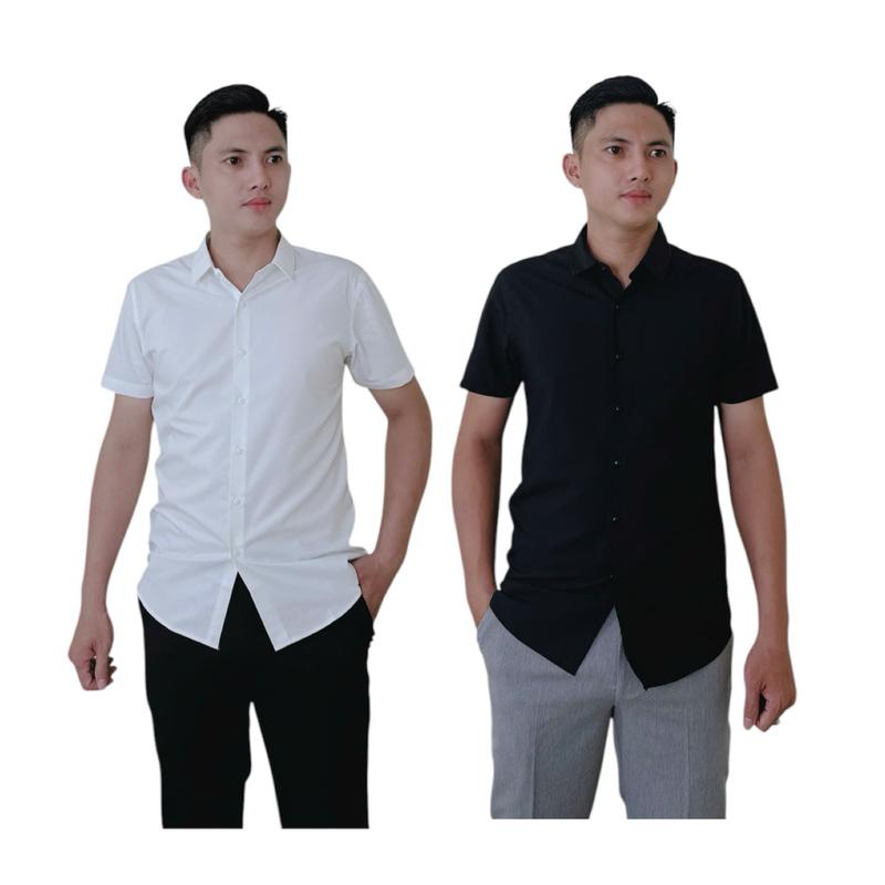 ÁO SƠMI NAM ,SƠMI NAM TRẮNG ĐEN TAY NGẮN CAO CẤP ,VẢI LỤA ,CÓ THỂ GIẶT MÁY Kem Có Cổ Jean Menswear Shirt Nhung
