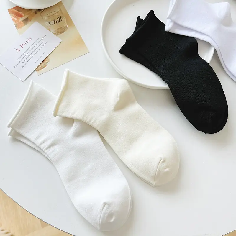 Tất nhún cổ bèo nữ chất liệu cotton Hàn Quốc phong cách Vintage thoáng mát M96 Women Trắng