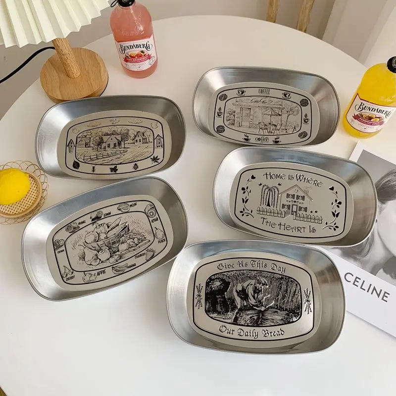 Retro Tray American Tinplate Household Stainless Steel Plate Snack Fruit Plate Food Coffee Table Storage Picnic Plate