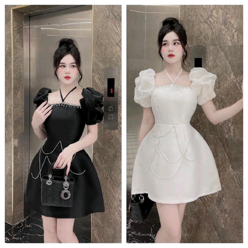 Đầm Tacta tay bồng cổ vuông chân váy chữ A phối đá được khâu thủ công. Đầm thiết kế đẹp dự tiệc.