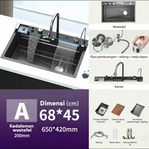 【BAHAN STAINLESS STEEL TEBAL DAN KOKOH】Paket Kitchen Sink Hitam Kran Wastafel Cuci Piring Stainless Sink Cuci Piring Dengan Keran Tarik - New 6845 Slot tunggal+Keran