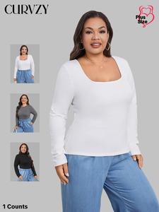 CURVZY Plus Size Solid Scoop / Mock / Round Neck Long Sleeve Tee, Casual Basic T-shirt for Spring & Fall, Women's Clothing for Daily Wear
