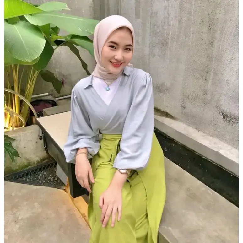 Wrap top atasan wanita model kimono lengan panjang V-Neck Polos Baju Simple Rayon 0