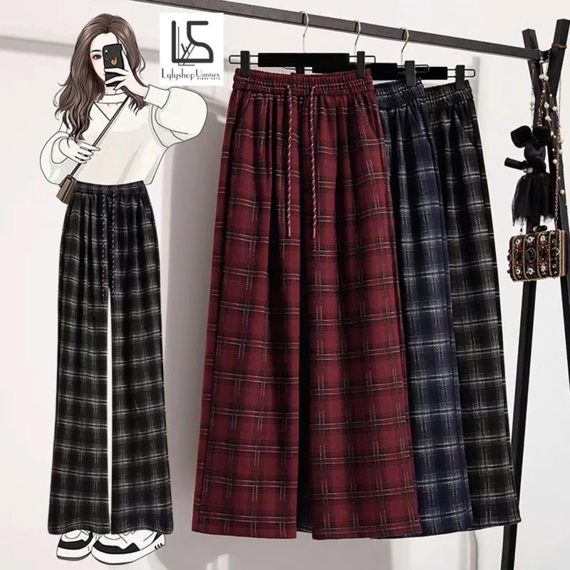 Quần ống rộng kẻ dạ LylyshopUnisex vải caro Dạ lông dày phù hợp mùa thu đông Nữ Ong Women Pants