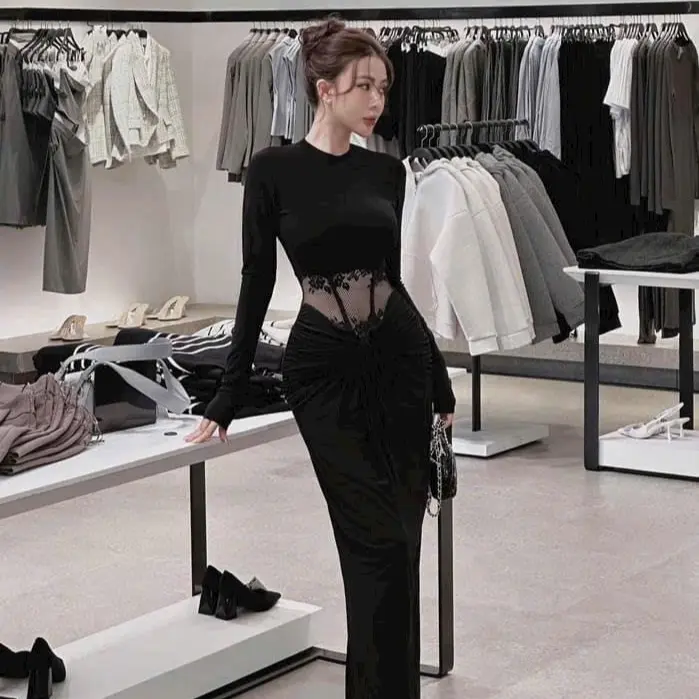 [Đ14] Đầm tay dài thiết kế ren bụng có khoá kéo chất tâm lạnh co giãn