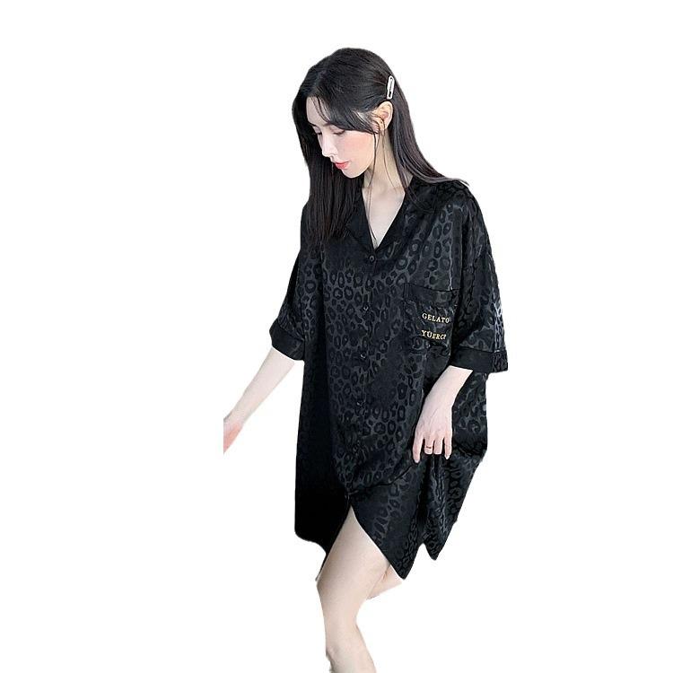 2025 New Ice Silk Nightdress for Women Summer Short Sleeve Cardigan Mid-Length Pajamas Thin Sexy Loose Loungewear 4
