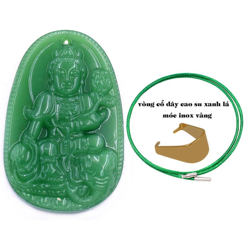 Mặt dây chuyền Phật Phổ hiền đá xanh 3.6 cm kèm vòng cổ dây cao su xanh lá + móc inox vàng, Phật bản mệnh, mặt dây chuyền phong thủy