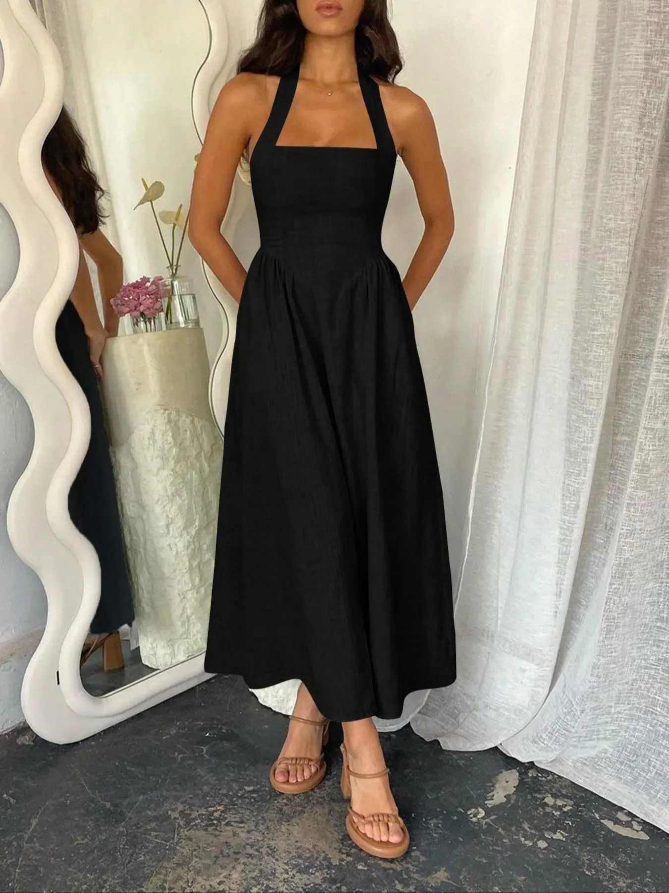 Women's Solid Backless Halter Dress, Fashion Casual Sleeveless Long Dress for Daily Outdoor Wear, Women Dress for Summer