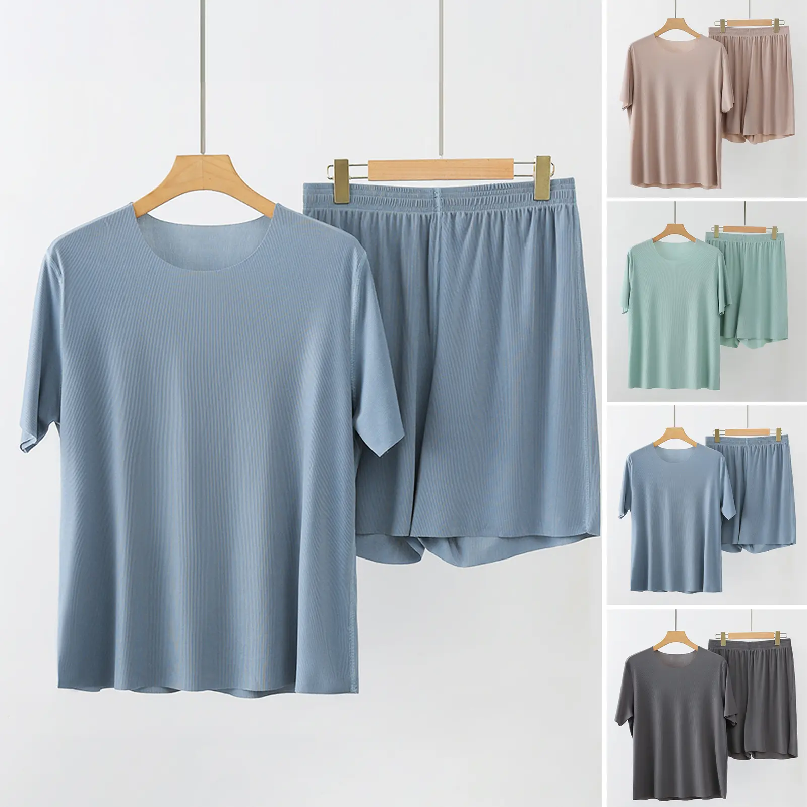 Bộ Đồ Mặc Nhà Cho Nam, 2 Cái / Bộ, Áo Ngắn Tay Cổ Tròn, Quần Đùi Ống Rộng Eo Co Giãn, Màu Trơn Làm Bằng Lụa Lạnh Đồ Mặc Nhà, Bộ Đồ Ngủ Không Đường May