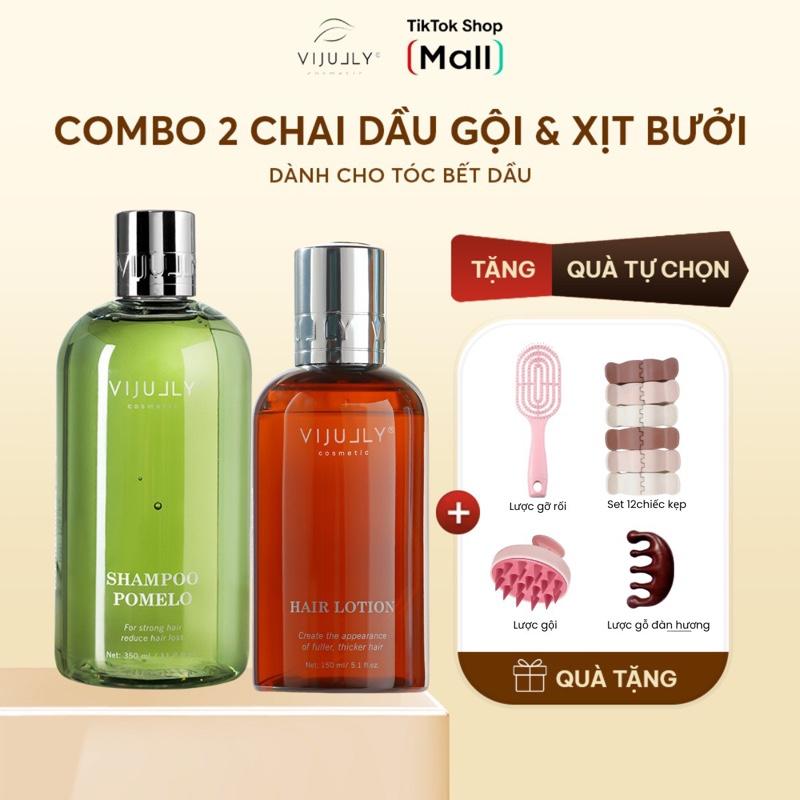 Xịt Bưởi Vijully 150Ml hỗ trợ mọc tóc - Gội bưởi kiềm dầu 350ml hỗ trợ giảm rụng - VitaminE B5 Chăm Sóc Tóc Dưỡng Tóc Nam và Nữ tinh daubuoi