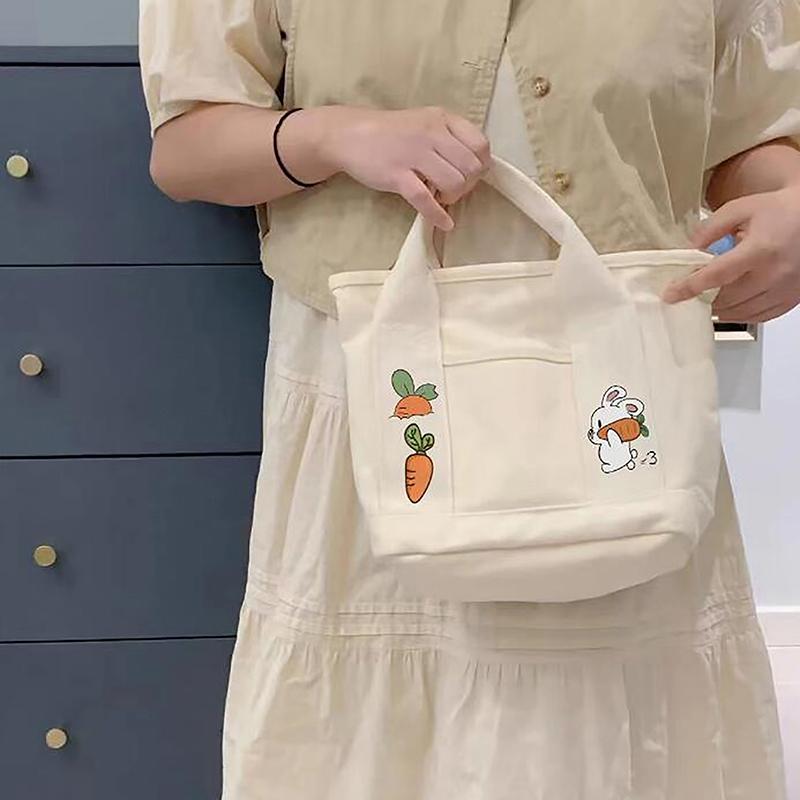 Product Introduction of 1PC Cartoon Rabbit Carrot Women Handbag Canvas Women's Tote Bag Portable Large Capacity Multi Pocket Lunch Bag 13