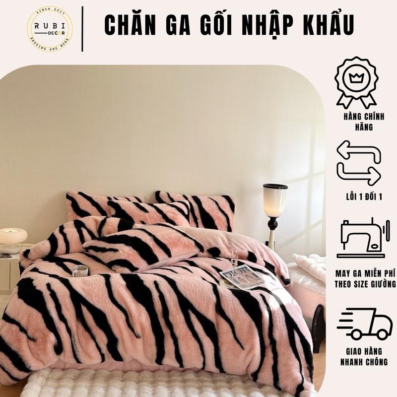 Bộ chăn ga gối nỉ nhung lông thỏ cao cấp VVIP Rubi decor vỏ chăn ga 2 vỏ gối nằm bochang ago chăn ga