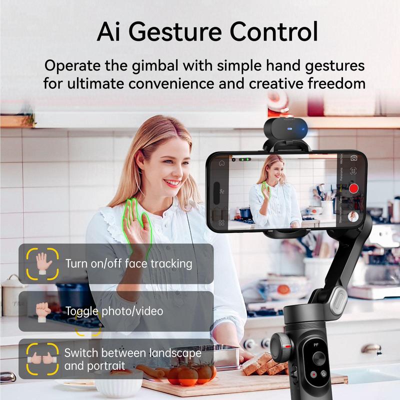 Product Introduction of 3-axis Cellphone Camera Stabilizer, AI Visions Sensor for Face Tracking, Wireless Selfie Stabilizer Camera Gimbal Compatible with iPhone & Android Smartphone for Vlog Recording, Stocking Fillers Gift 3