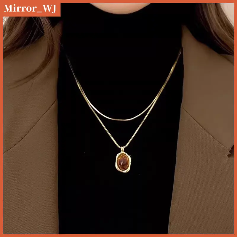 Gold-Plated Non-Fading Double Layer Stacked Gold Tiger Eye Stone Necklace for Women New Autumn Winter Niche Light Luxury High-End Sweater Chain Accessory