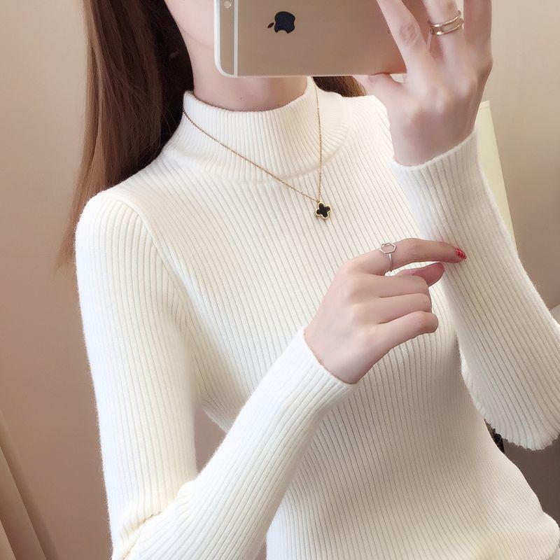 Áo Len Nữ, Áo Sơ Mi Cơ Sở, Dài Tay, Cổ Lọ Nửa, Áo Chui Đầu, Ôm Sát, Màu Trơn Áo Len Dệt Kim, Thanh Lịch, Mặc Bên Trong, Dành Cho Nữ