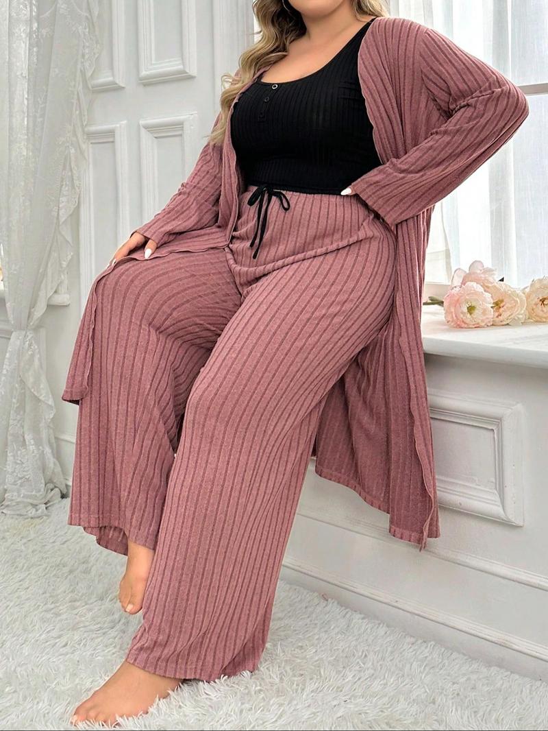 Product Introduction of 【Plus Size】 Solid Crop Top & Wide Leg Pants & Open Front Long Sleeve Outwear Loungewear Three-piece Set, Casual Comfy Pyjama Set for Women, Women's Sleepwear for All Seasons 1