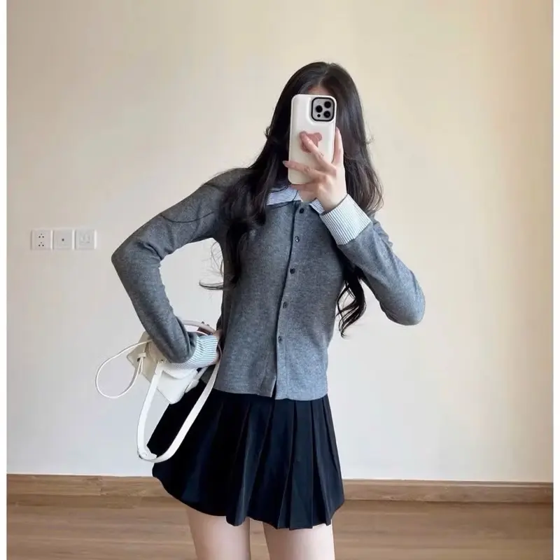[ Phối Sơ Mi ] Áo thun tăm phối cổ kết sơ mi cúc, áo khoát xinh xắn Top Women Cổ Tròn